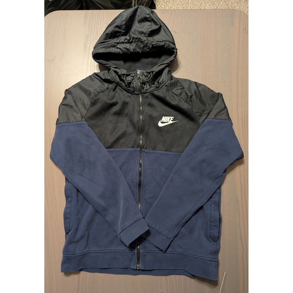 Nike Mens Hybrid Full Zip Hoodie Navy Blue Black Colorblock Windrunner Large